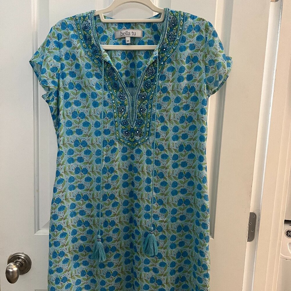 Bella Tu Floral Beaded Dress Mini Short Sleeve Lined Blue Green Resort Medium